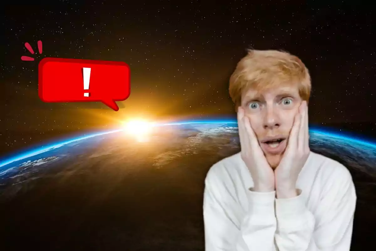 Surprised man with his hands on his face in front of a sunrise in space and a red speech bubble with an exclamation mark