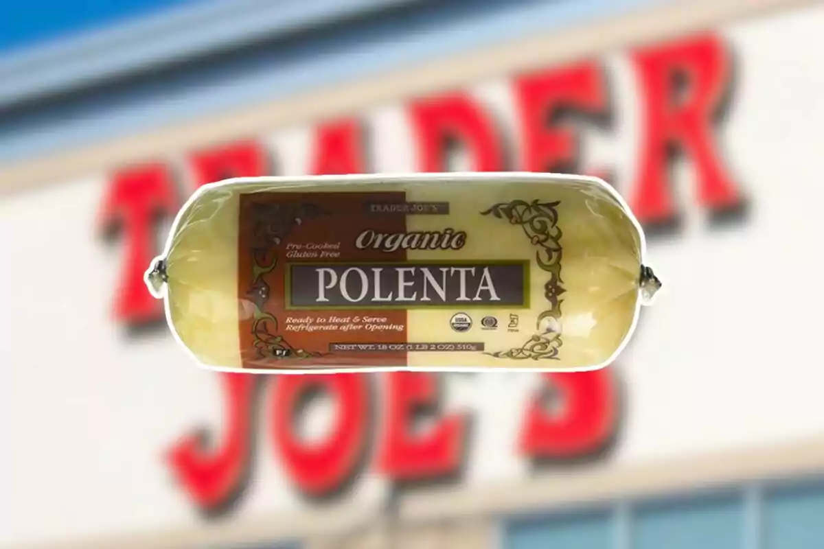 Package of Trader Joe’s organic polenta in front of a blurry store sign Package of Trader Joe’s organic polenta in front of a blurry store sign