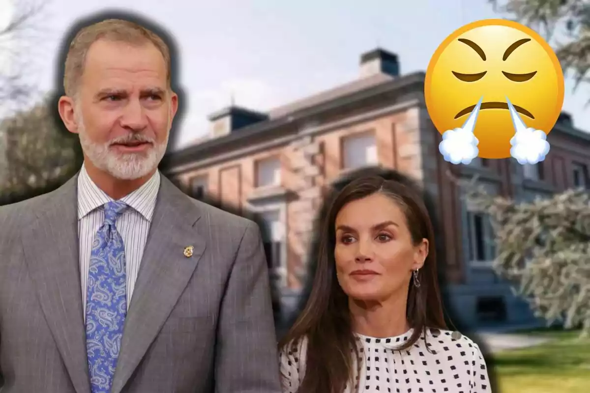 Felip VI i la reina Letícia, elegantment vestits, són davant d’un edifici, amb un emoji de ràbia flotant damunt seu.