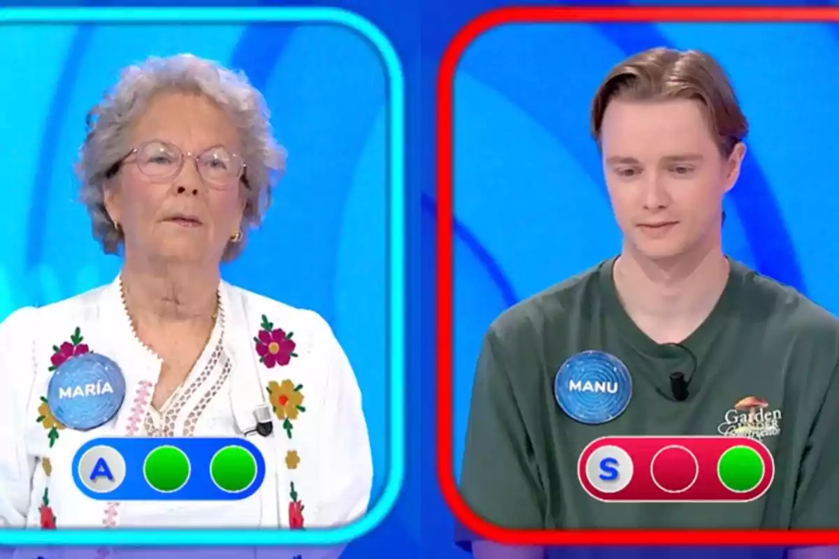 María i Manu en un programa de televisió de preguntes i respostes, una dona gran amb ulleres i un home jove, cadascun amb el seu marcador d'encerts i errors visible. Captura de 'Pasapalabra' María i Manu en un programa de televisió de preguntes i respostes, una dona gran amb ulleres i un home jove, cadascun amb el seu marcador d'encerts i errors visible. Captura de 'Pasapalabra'