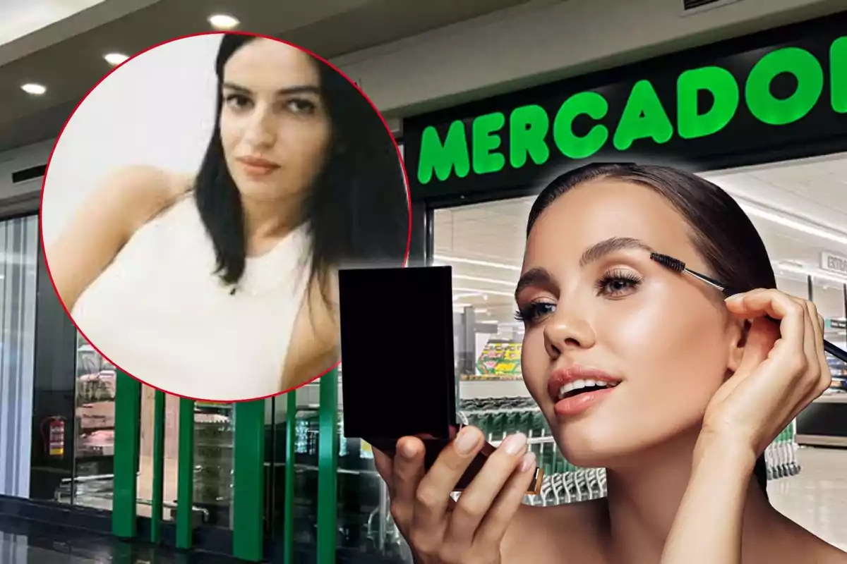 Una dona es maquilla les celles davant d’un supermercat mentre en un cercle apareix la imatge d’una altra dona de cabell fosc i samarreta clara.