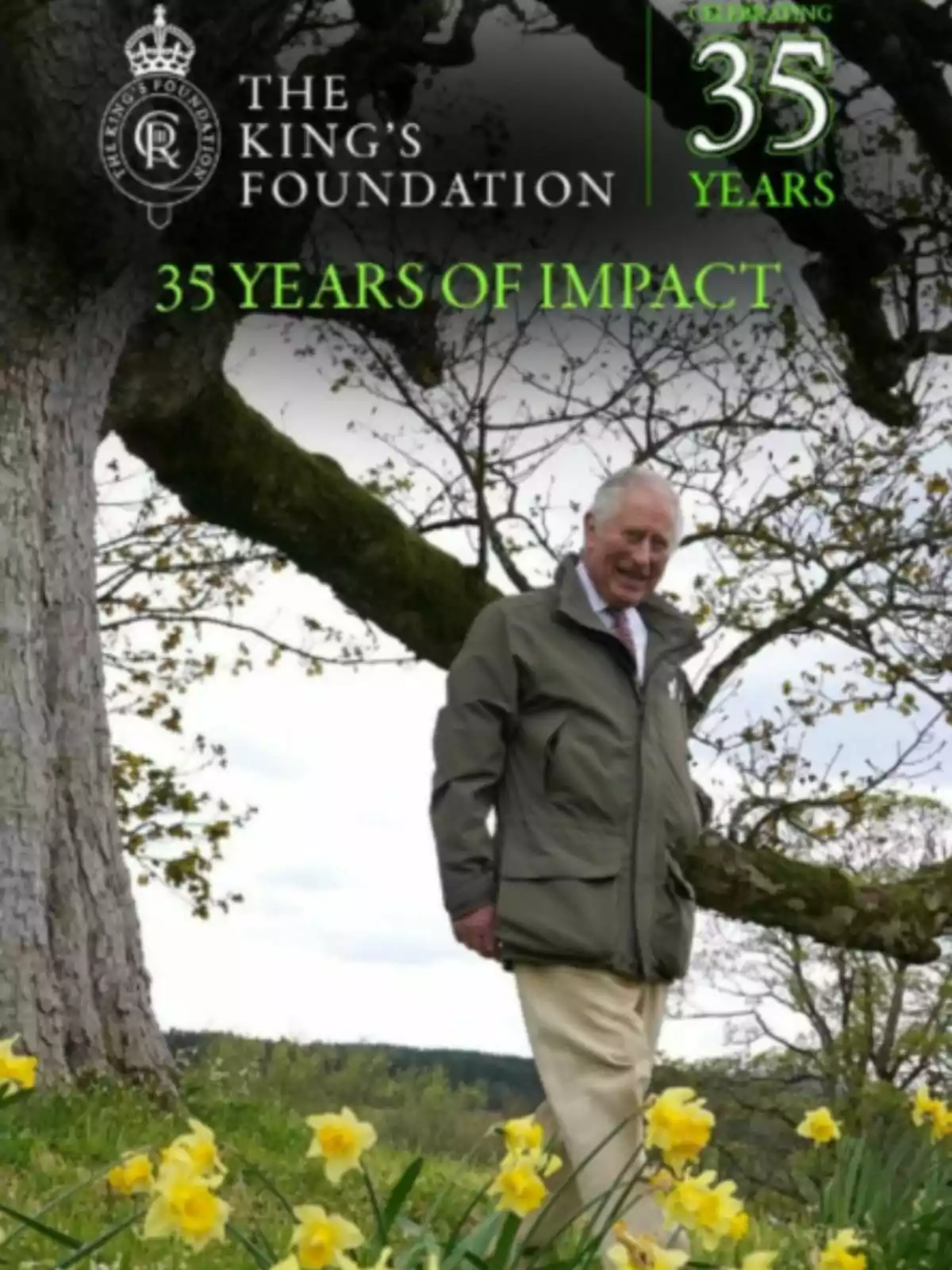 Charles III standing in a field with yellow flowers and trees, with text celebrating 35 years of impact by The King's Foundation Charles III standing in a field with yellow flowers and trees, with text celebrating 35 years of impact by The King's Foundation