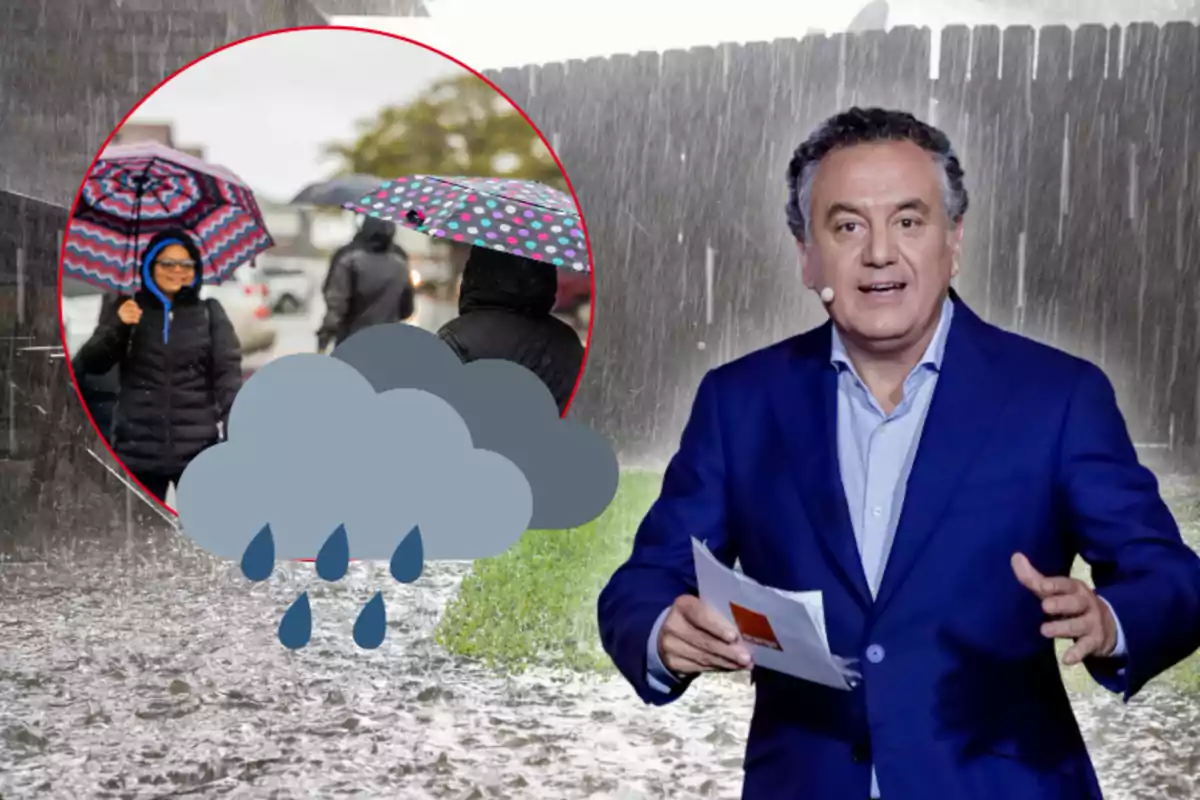 Home amb vestit blau informant sobre pluges intenses mentre sosté papers; al fons s’observa un carrer inundat, un gràfic de núvol amb gotes i una imatge circular de persones amb paraigües. Home amb vestit blau informant sobre pluges intenses mentre sosté papers; al fons s’observa un carrer inundat, un gràfic de núvol amb gotes i una imatge circular de persones amb paraigües.