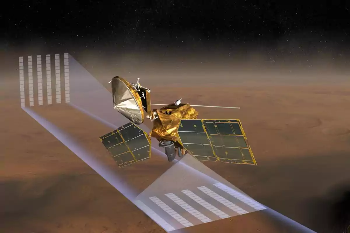 Sonda climàtica espacial orbitant Mart amb panells solars desplegats i un radar escanejant la superfície marciana Sonda climàtica espacial orbitant Mart amb panells solars desplegats i un radar escanejant la superfície marciana