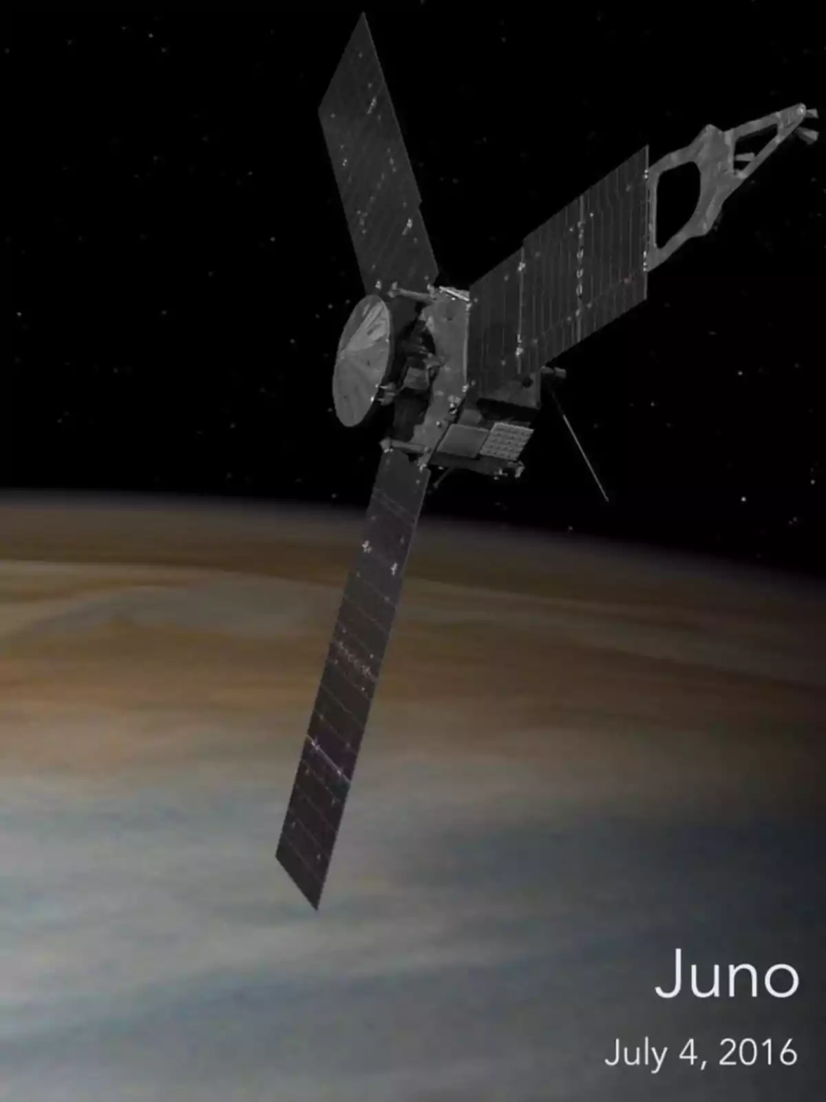 Sonda espacial Juno orbitant el planeta Júpiter amb el fons de l'espai i l'atmosfera del planeta visible Sonda espacial Juno orbitant el planeta Júpiter amb el fons de l'espai i l'atmosfera del planeta visible