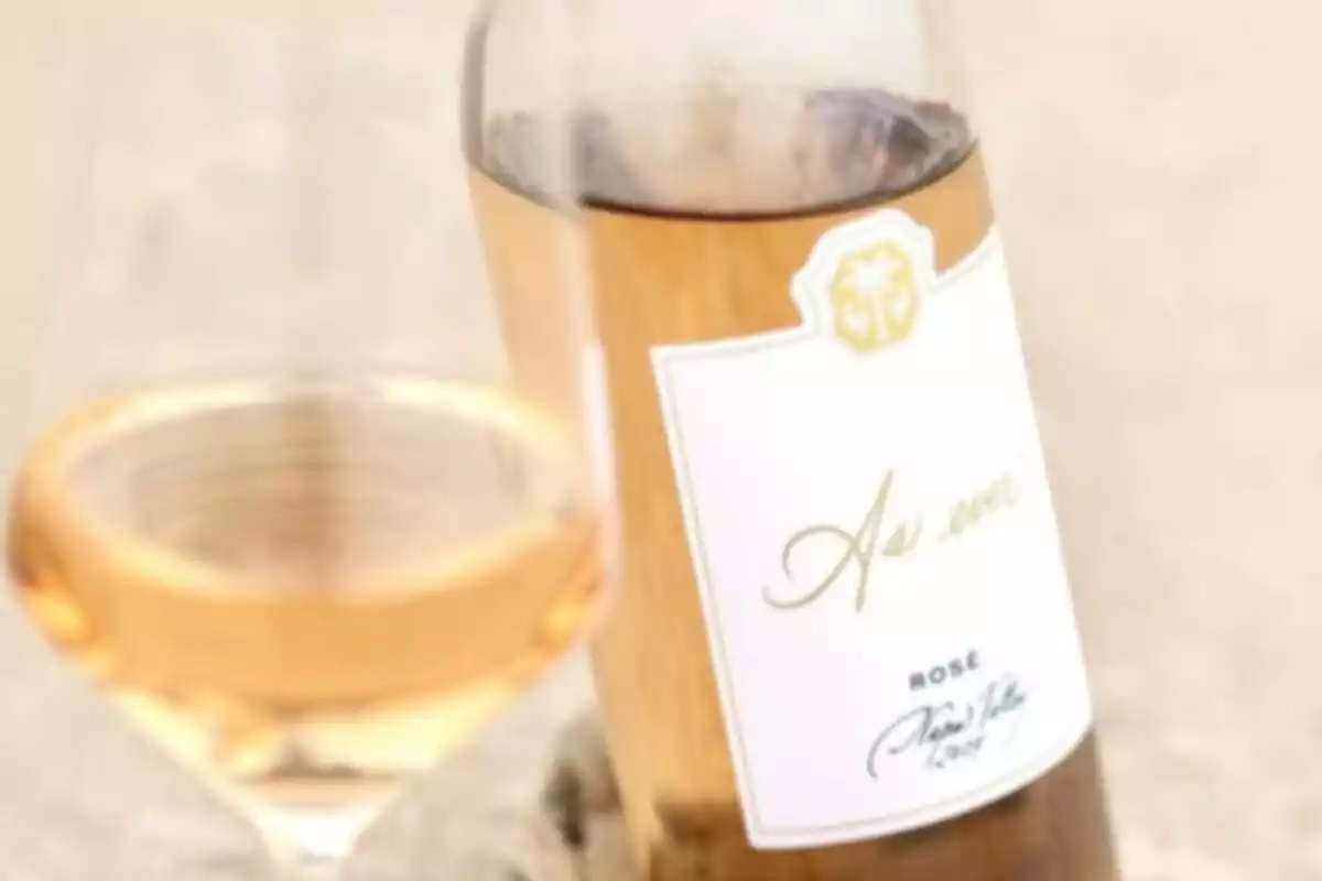Botella de vino rosado con una copa servida sobre una superficie clara Botella de vino rosado con una copa servida sobre una superficie clara