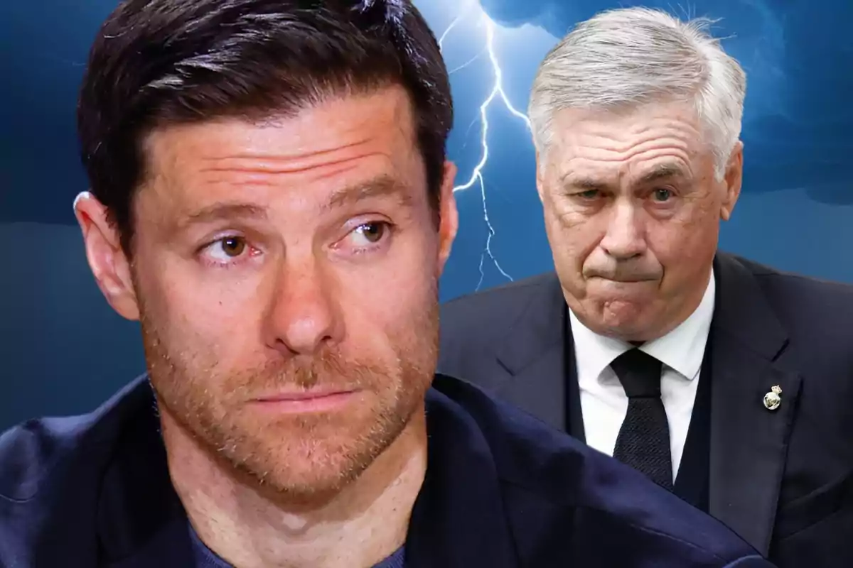 Dos homes amb expressions serioses i un fons de tempesta amb llamps