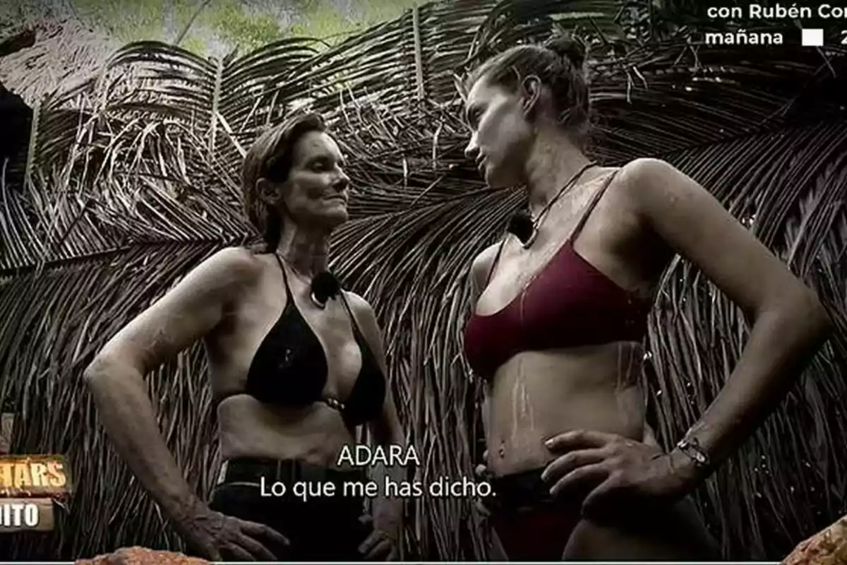 Elena Rodríguez i Adara Molinero en biquini conversen seriosament en un entorn selvàtic amb fulles de palmera al fons i subtítols a la pantalla a Supervivientes All Stars Elena Rodríguez i Adara Molinero en biquini conversen seriosament en un entorn selvàtic amb fulles de palmera al fons i subtítols a la pantalla a Supervivientes All Stars