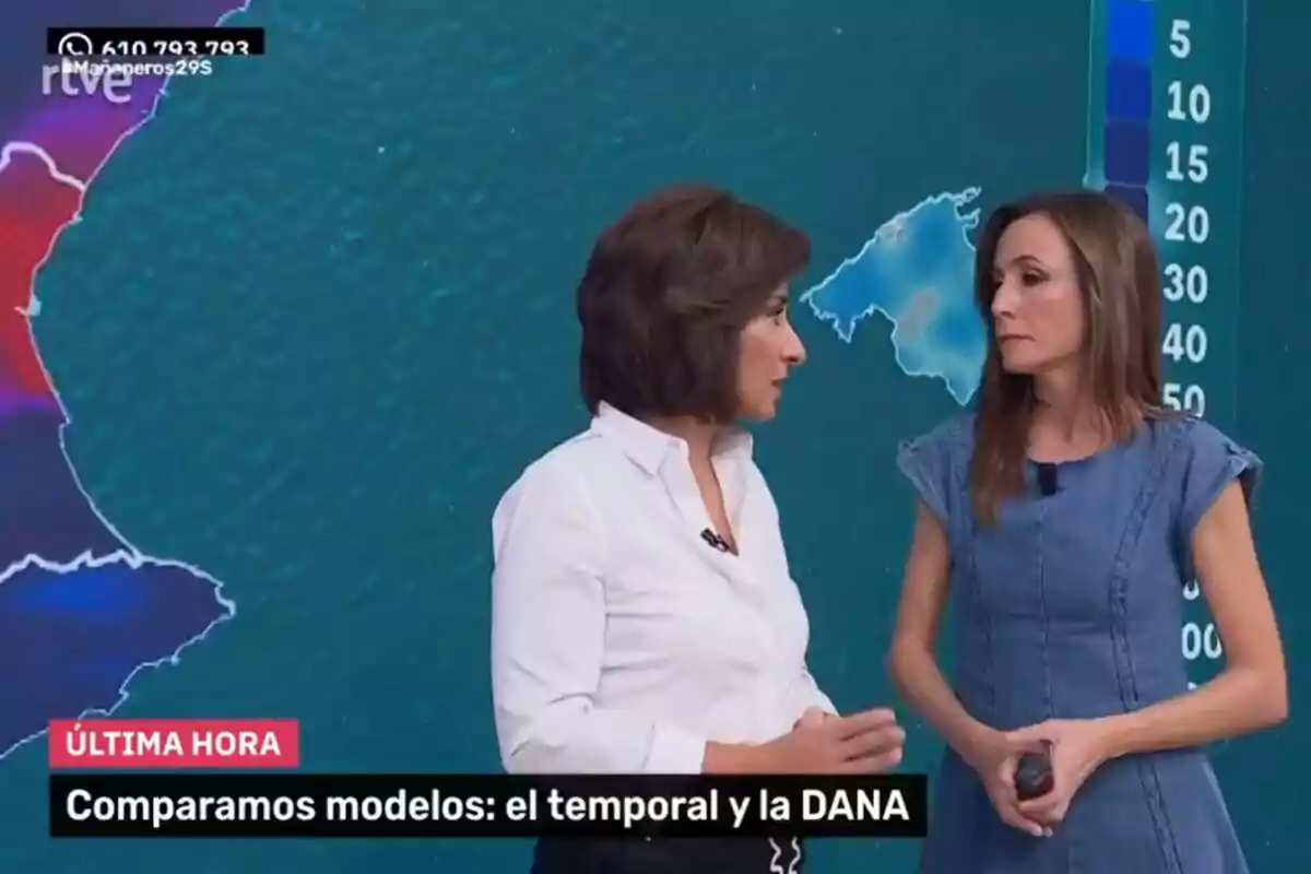 Dos presentadoras de televisión, una de ellas es Adela González en 'Mañaneros', conversan frente a un mapa meteorológico con una escala de colores y el texto en pantalla indica que están comparando modelos del temporal y la DANA. Dos presentadoras de televisión, una de ellas es Adela González en 'Mañaneros', conversan frente a un mapa meteorológico con una escala de colores y el texto en pantalla indica que están comparando modelos del temporal y la DANA.