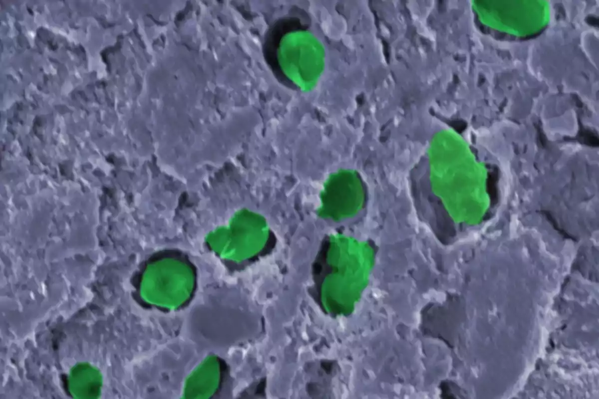 Imatge d’un material vist al microscopi amb diverses partícules verdes incrustades en una superfície grisa.