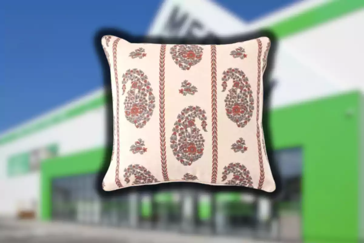 Cojí decoratiu amb disseny de flors i fulles en tons marró i gris sobre fons clar davant d’un edifici desenfocat amb detalls verds i blancs