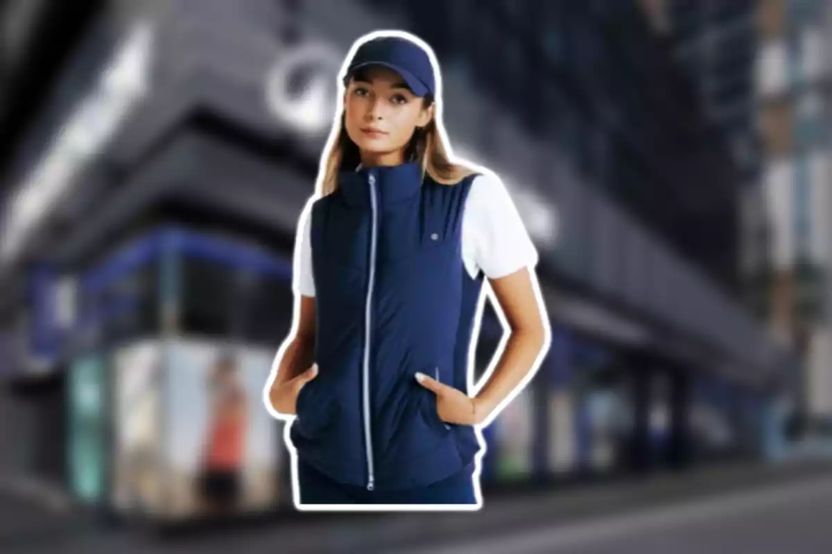 Dona jove amb gorra i armilla blau marí posant davant d’un edifici urbà desenfocat