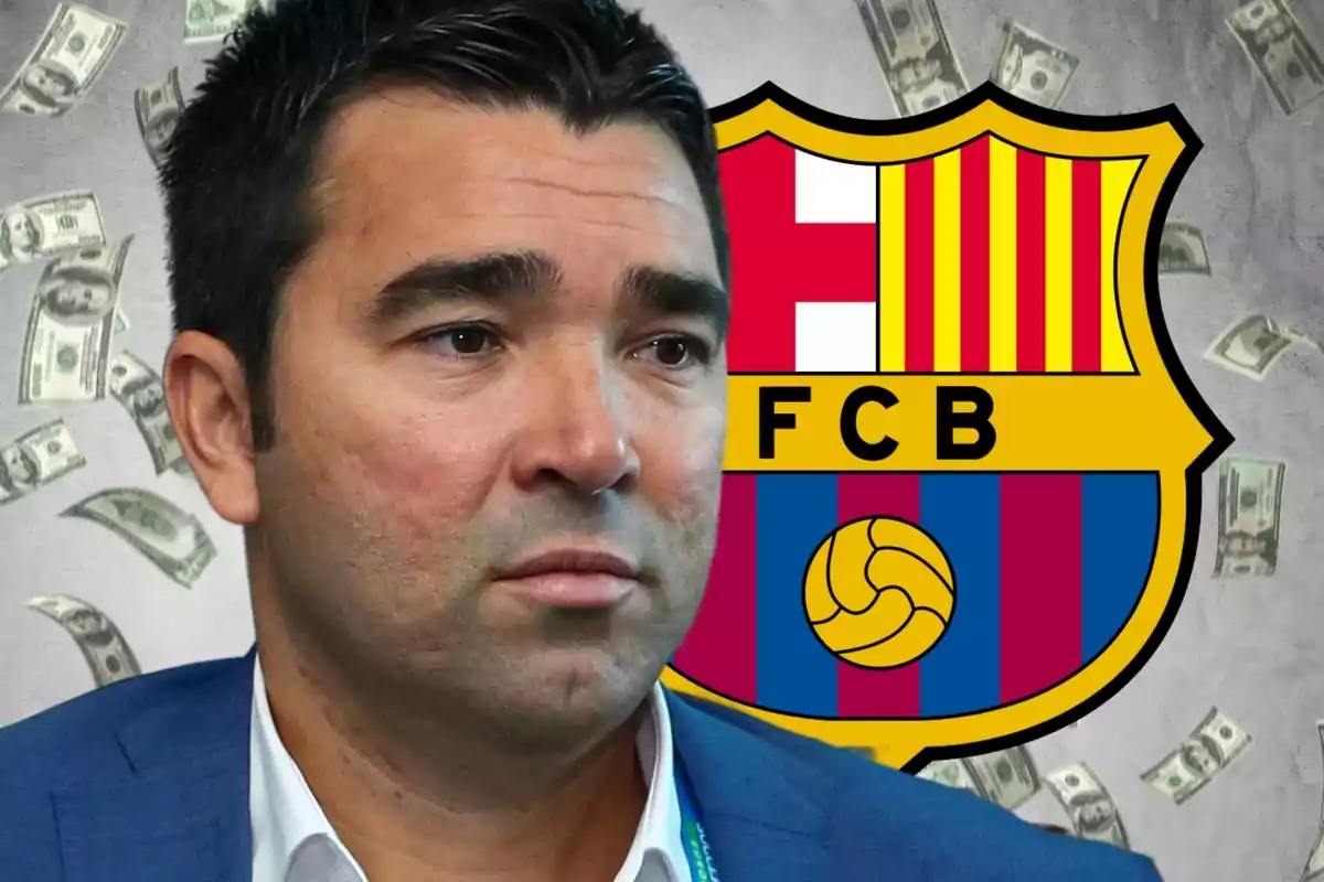 Home de cabells foscos amb expressió seriosa davant de l’escut del FC Barcelona i bitllets de dòlar flotant al fons