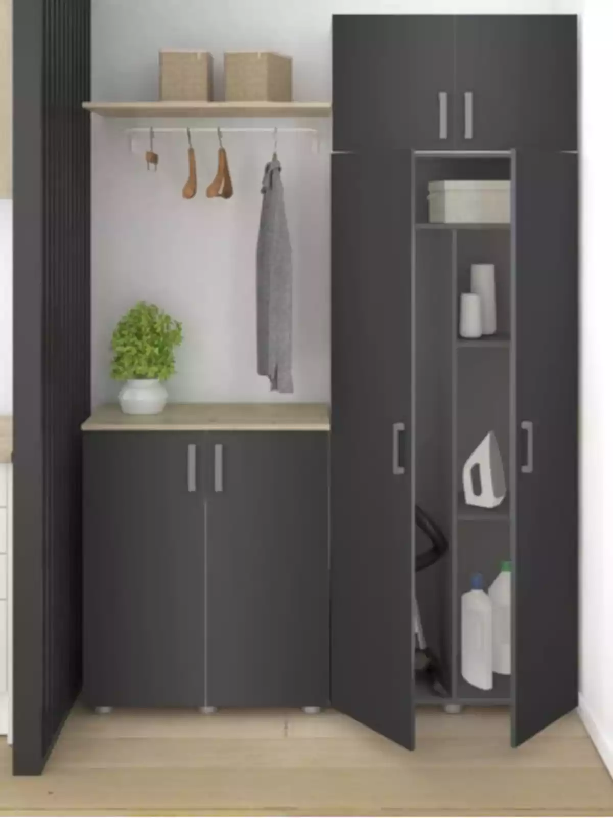 Moble organitzador de color gris amb les portes obertes mostrant prestatges amb articles de neteja, una planxa i caixes, al costat d'una lleixa amb ganxos, penjadors, una peça de roba penjada, dues caixes i una planta decorativa. Moble organitzador de color gris amb les portes obertes mostrant prestatges amb articles de neteja, una planxa i caixes, al costat d'una lleixa amb ganxos, penjadors, una peça de roba penjada, dues caixes i una planta decorativa.