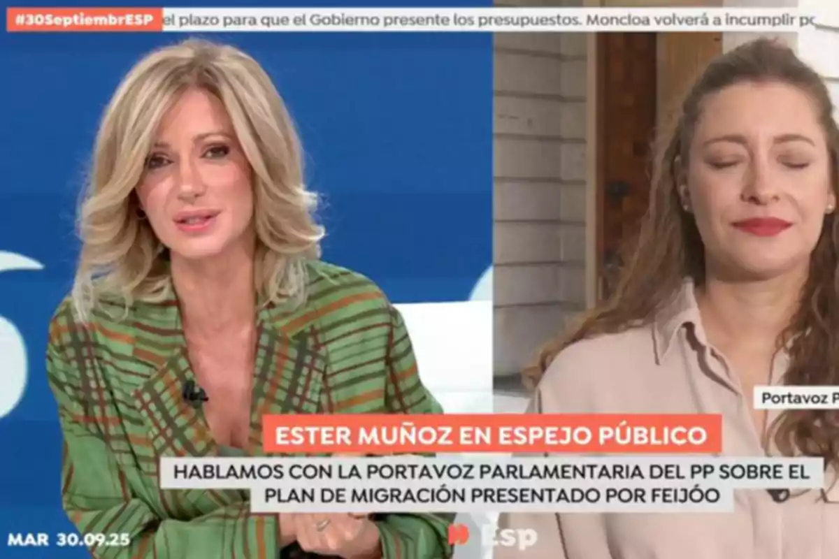 Susanna Griso y Ester Muñoz participan en una entrevista televisiva en un programa de noticias, una de ellas está en el estudio y la otra aparece en una videollamada. Captura de 'Espejo Público' Susanna Griso y Ester Muñoz participan en una entrevista televisiva en un programa de noticias, una de ellas está en el estudio y la otra aparece en una videollamada. Captura de 'Espejo Público'