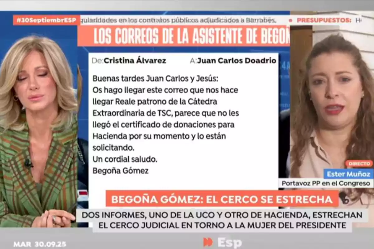 Susanna Griso y Ester Muñoz aparecen en pantalla dividida durante un programa de televisión, en el centro se muestra un correo electrónico relacionado con Begoña Gómez y en la parte inferior hay un titular que menciona el cerco judicial en torno a la mujer del presidente. Captura de 'Espejo Público' Susanna Griso y Ester Muñoz aparecen en pantalla dividida durante un programa de televisión, en el centro se muestra un correo electrónico relacionado con Begoña Gómez y en la parte inferior hay un titular que menciona el cerco judicial en torno a la mujer del presidente. Captura de 'Espejo Público'