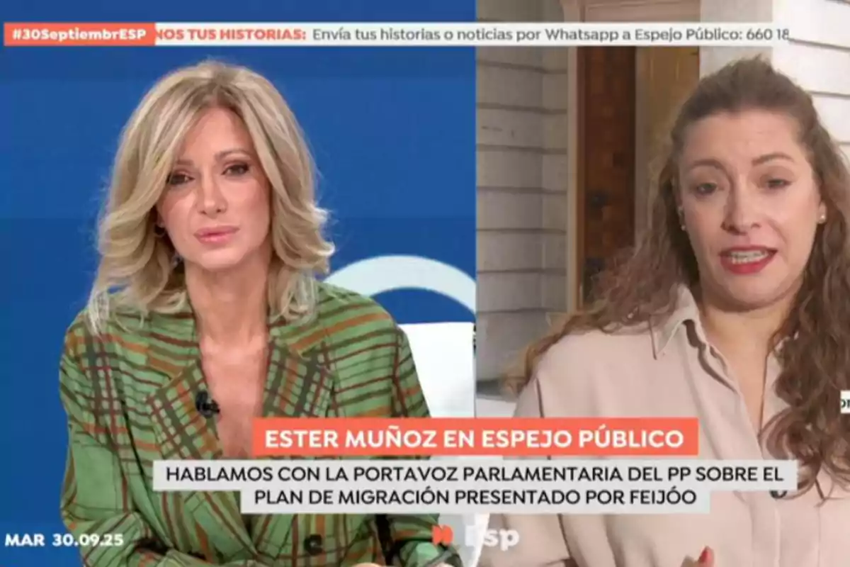 Susanna Griso y Ester Muñoz participan en una entrevista televisiva, una en el estudio con fondo azul y otra en una videollamada, ambas con expresiones serias y textos informativos en pantalla sobre un plan de migración. Captura de 'Espejo Público' Susanna Griso y Ester Muñoz participan en una entrevista televisiva, una en el estudio con fondo azul y otra en una videollamada, ambas con expresiones serias y textos informativos en pantalla sobre un plan de migración. Captura de 'Espejo Público'
