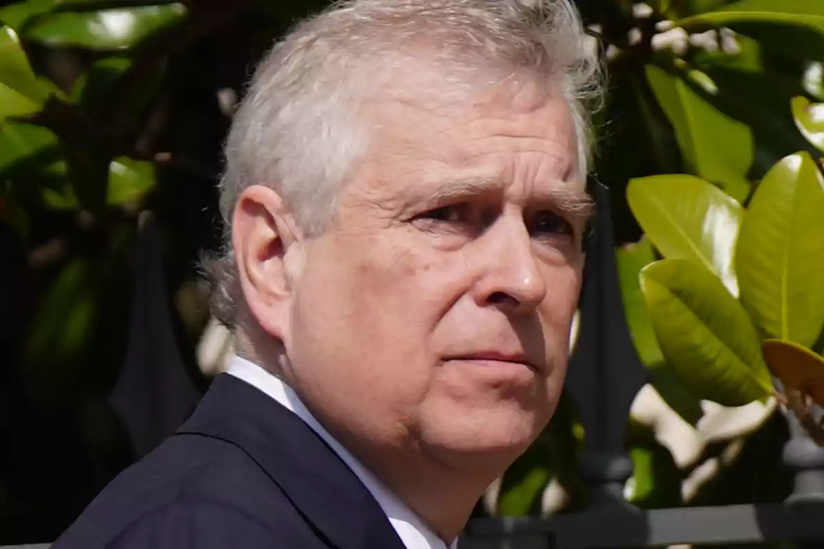 El príncep Andreu de York amb expressió seriosa vestit amb un vestit fosc i fons de fulles verdes El príncep Andreu de York amb expressió seriosa vestit amb un vestit fosc i fons de fulles verdes