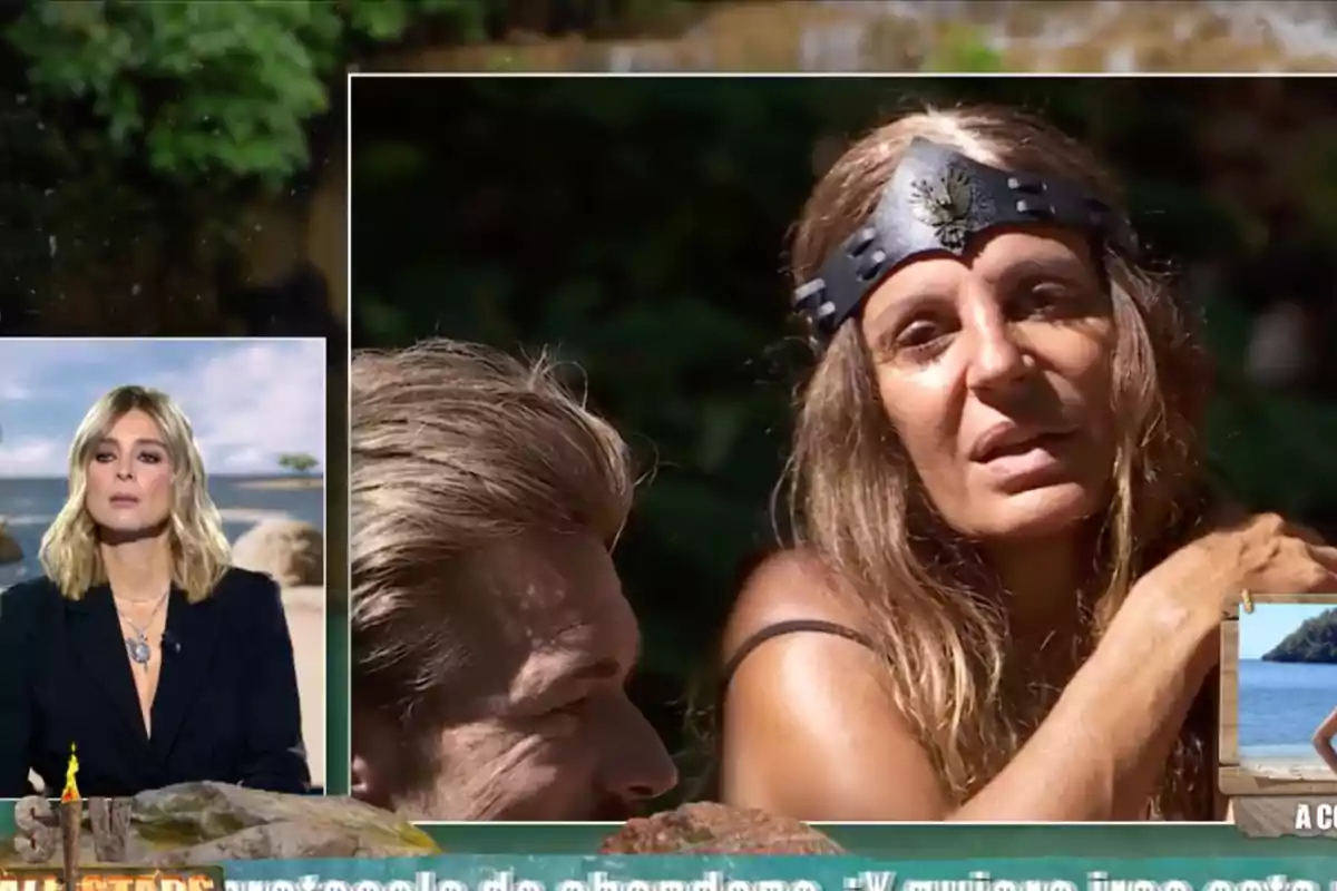Sonia Monroy amb diadema metàl·lica parla a l’aire lliure mentre Sandra Barneda apareix en un requadre en un plató de televisió amb fons de platja. Sonia Monroy amb diadema metàl·lica parla a l’aire lliure mentre Sandra Barneda apareix en un requadre en un plató de televisió amb fons de platja.