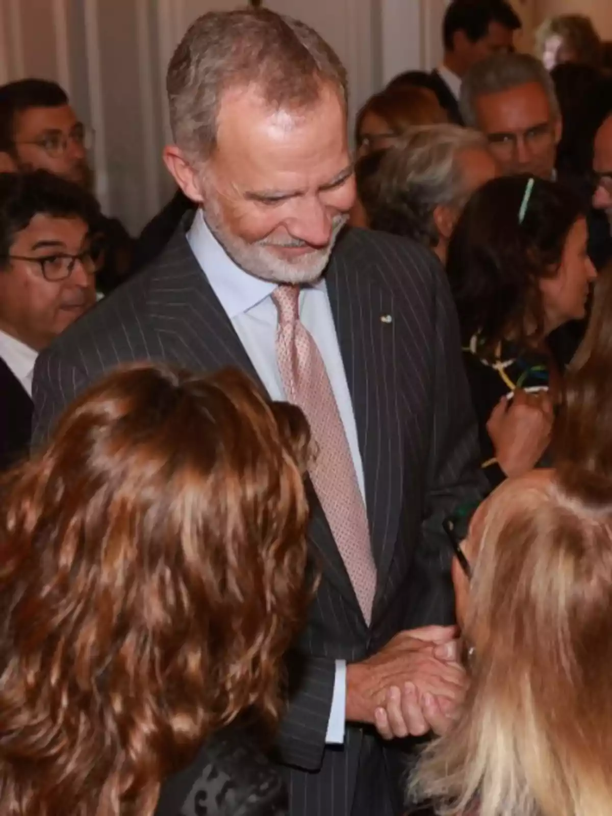 El rei Felip de cabells canosos i barba, vestit amb un vestit de ratlles i corbata clara, somriu mentre saluda una dona en un esdeveniment concorregut. El rei Felip de cabells canosos i barba, vestit amb un vestit de ratlles i corbata clara, somriu mentre saluda una dona en un esdeveniment concorregut.