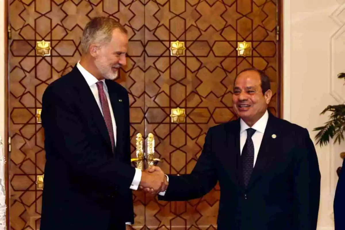 El rei Felip i Abdelfatah El-Sisi amb vestit es donen la mà i somriuen davant d’una porta de fusta decorada amb patrons geomètrics. El rei Felip i Abdelfatah El-Sisi amb vestit es donen la mà i somriuen davant d’una porta de fusta decorada amb patrons geomètrics.