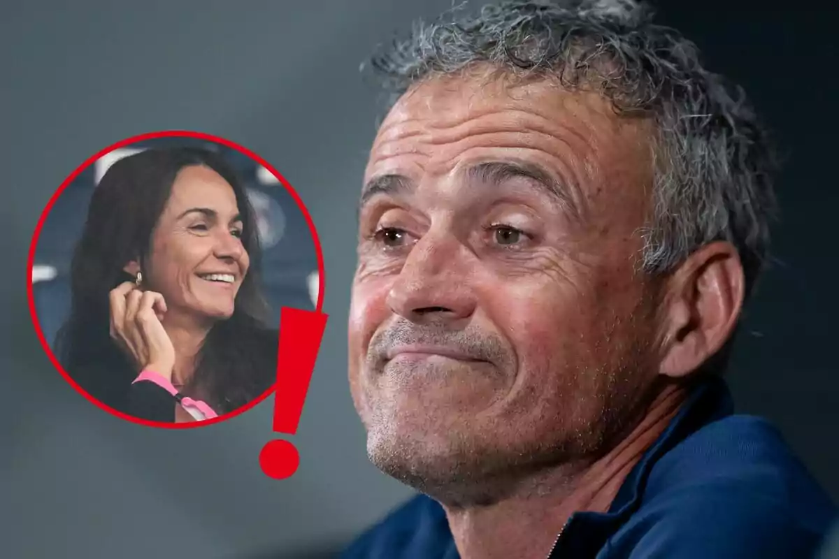 Gray-haired man with a serious expression and a red circle featuring the image of a smiling woman and an exclamation mark