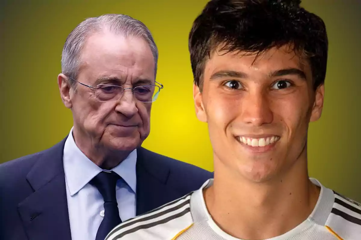 Un home gran amb ulleres i vestit apareix al fons mentre un jove amb samarreta esportiva somriu en primer pla sobre un fons groc difuminat.