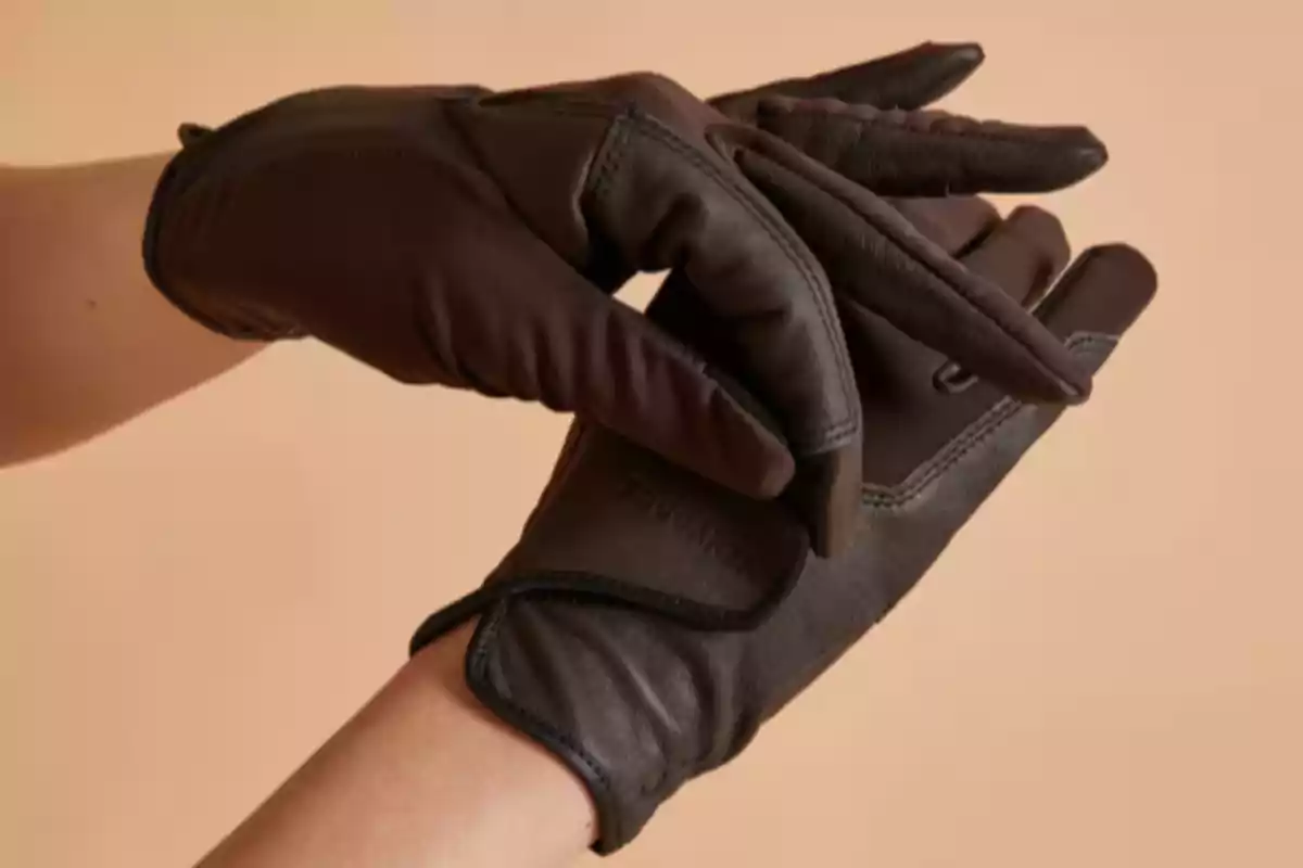 Mans amb guants de cuir marró sobre un fons beix Mans amb guants de cuir marró sobre un fons beix