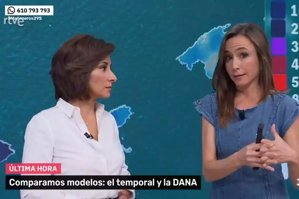 Dos presentadoras, una de ellas es Adela González en 'Mañaneros', conversan en un estudio de televisión con un mapa meteorológico de fondo y un gráfico de colores a la derecha, mientras en la pantalla aparece un recuadro con la frase Comparar modelos el temporal y la DANA. Dos presentadoras, una de ellas es Adela González en 'Mañaneros', conversan en un estudio de televisión con un mapa meteorológico de fondo y un gráfico de colores a la derecha, mientras en la pantalla aparece un recuadro con la frase Comparar modelos el temporal y la DANA.