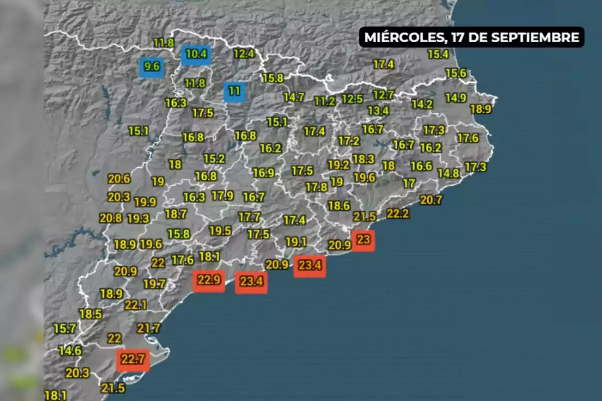 Mapa de temperaturas en diferentes localidades de Cataluña para el miércoles 17 de septiembre con valores numéricos en grados y colores que destacan las zonas más cálidas y frías.