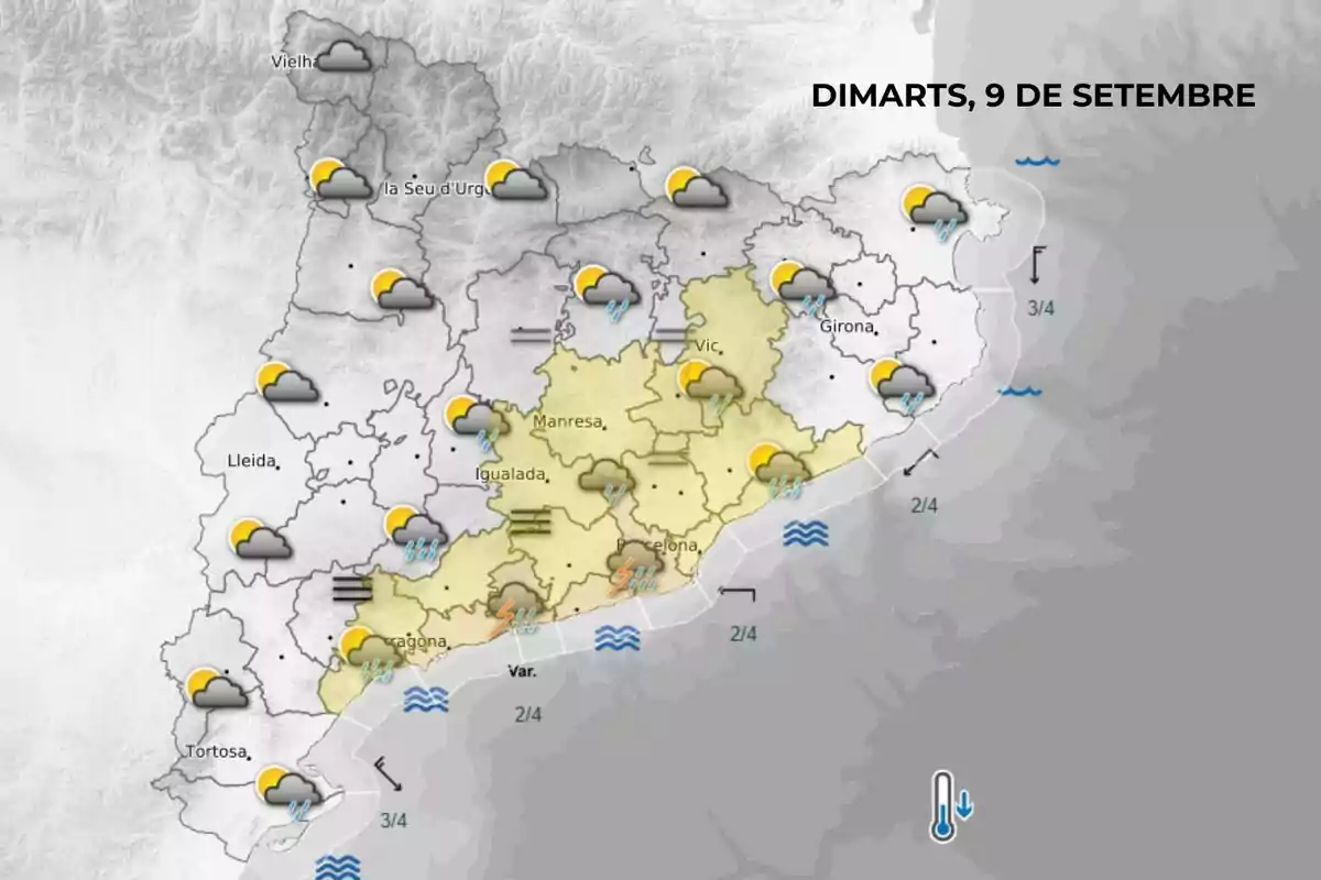 Mapa meteorològic de Catalunya per al dimarts, 9 de setembre de 2025, amb previsió de pluges, tempestes i núvols en diverses zones, especialment a l’àrea central i litoral, i temperatures en descens.
