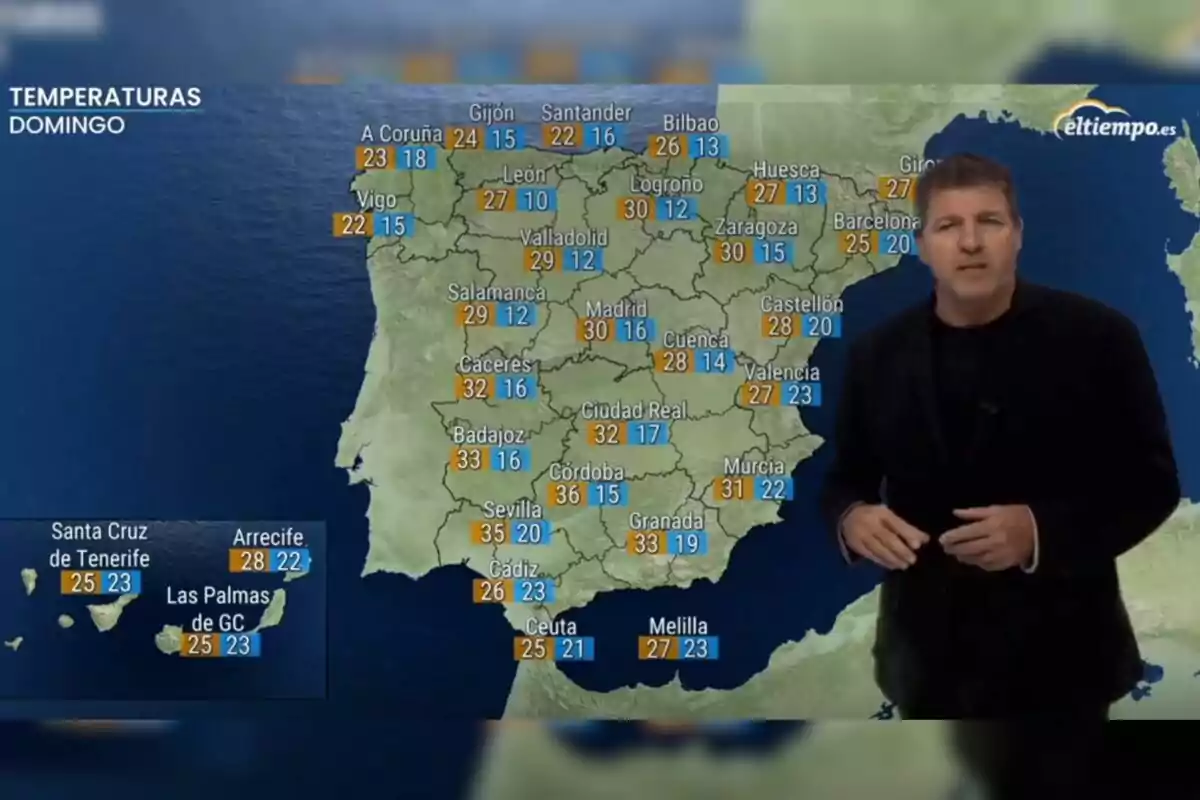 Imatge de Mario Picazo mostrant el mapa d’Espanya amb les temperatures màximes i mínimes previstes per a diferents ciutats per a aquest diumenge, 14 de setembre de 2025.