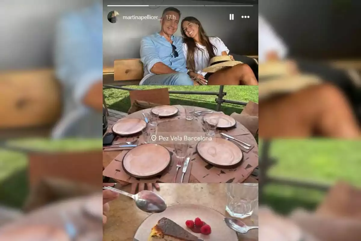Tres fotos mostren una parella somrient asseguda en un banc, una taula rodona parada per menjar en un restaurant a l’aire lliure i unes postres amb gerds en un plat. Tres fotos mostren una parella somrient asseguda en un banc, una taula rodona parada per menjar en un restaurant a l’aire lliure i unes postres amb gerds en un plat.