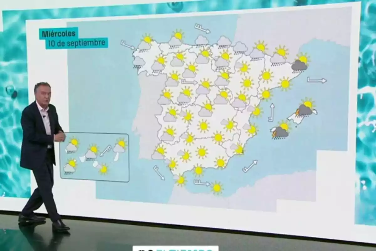 Imagen de Roberto Brasero junto a un mapa del tiempo de España con símbolos de sol, nubes y lluvia para el miércoles, 10 de septiembre de 2025. Imagen de Roberto Brasero junto a un mapa del tiempo de España con símbolos de sol, nubes y lluvia para el miércoles, 10 de septiembre de 2025.