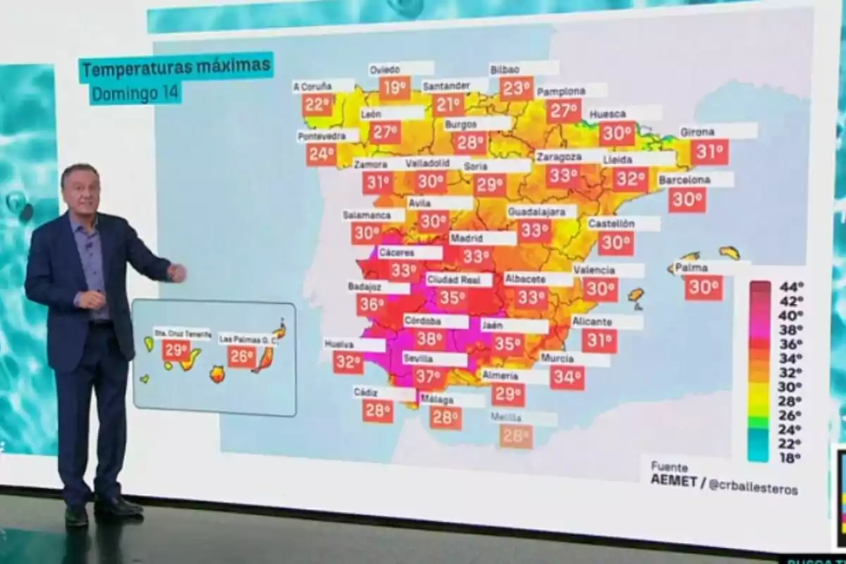 Imagen de Roberto Brasero mostrando un mapa de España con temperaturas máximas elevadas en varias ciudades.