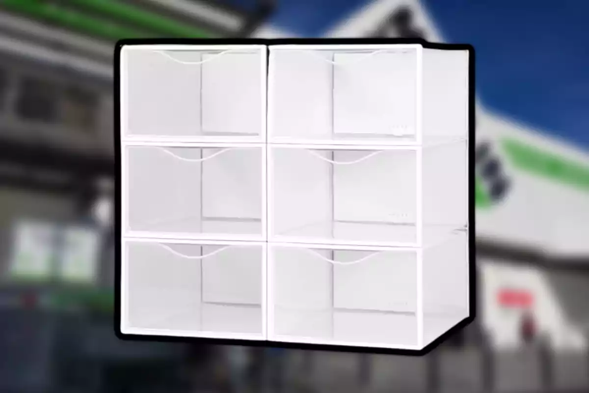 Organitzador de plàstic blanc amb sis calaixos davant d’un fons desenfocat