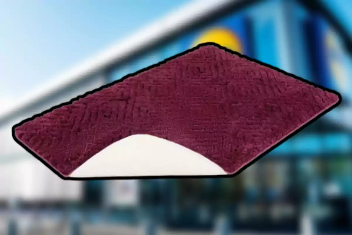 Catifa triangular de color vi amb una punta doblegada que mostra el revers blanc sobre un fons desenfocat d’edifici modern. Catifa triangular de color vi amb una punta doblegada que mostra el revers blanc sobre un fons desenfocat d’edifici modern.