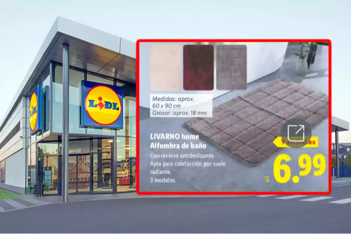 Façana d’una botiga Lidl amb un anunci d’estora de bany Livarno home en oferta per 6,99 euros mostrant tres colors disponibles i característiques com revers antilliscant i apta per a calefacció per terra radiant. Façana d’una botiga Lidl amb un anunci d’estora de bany Livarno home en oferta per 6,99 euros mostrant tres colors disponibles i característiques com revers antilliscant i apta per a calefacció per terra radiant.