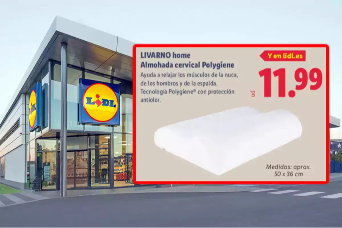 Façana d’una botiga Lidl amb un anunci d’un coixí cervical Polygiene de la marca Livarno home a un preu d’11,99 euros
