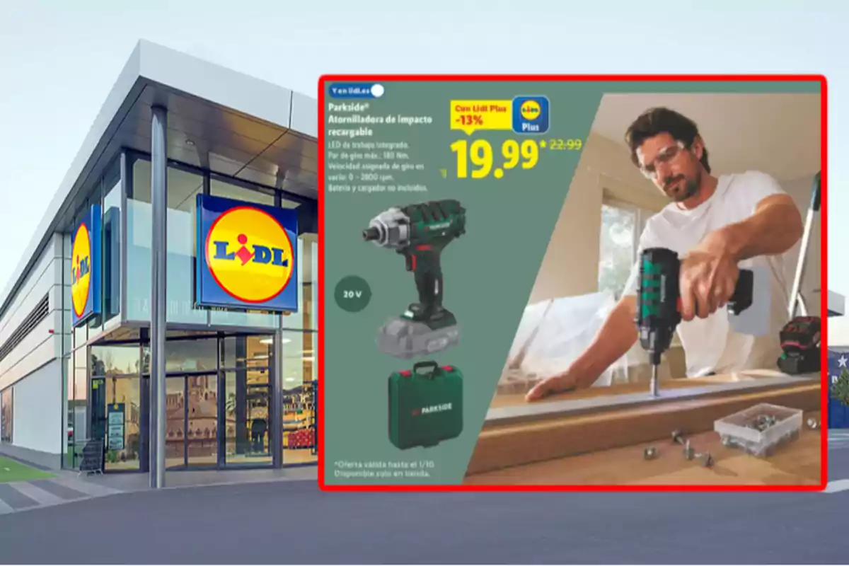 Façana d’una botiga Lidl amb un cartell promocional d’un cargolador recarregable Parkside en oferta i un home utilitzant-lo en una taula de treball Façana d’una botiga Lidl amb un cartell promocional d’un cargolador recarregable Parkside en oferta i un home utilitzant-lo en una taula de treball