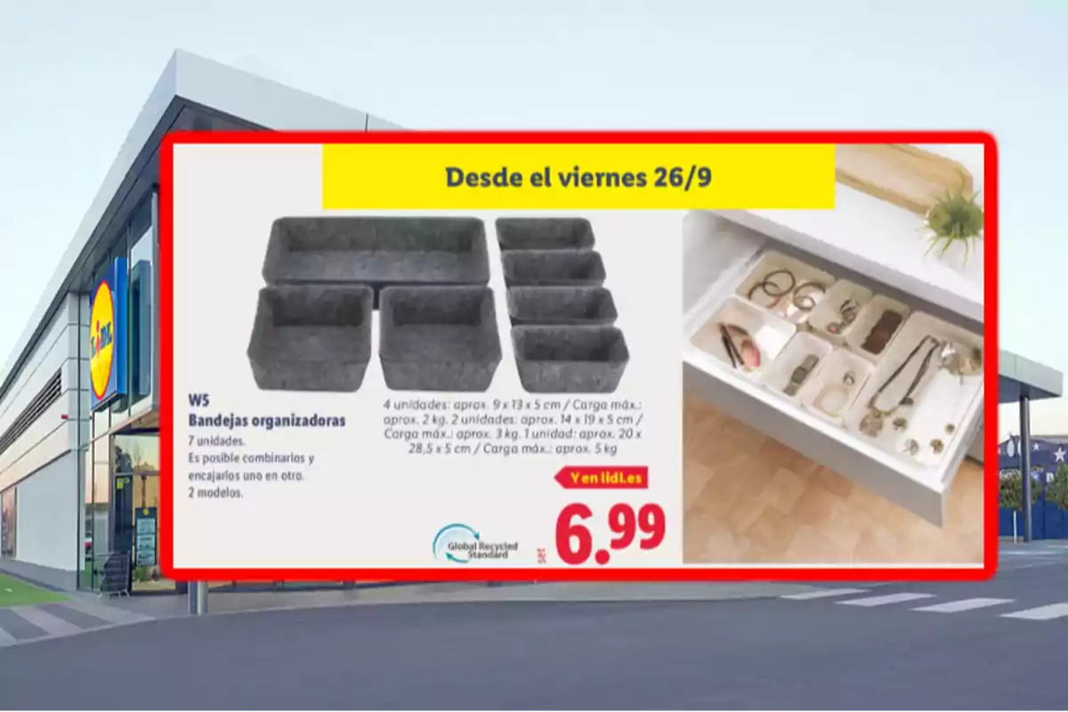 Promoció de safates organitzadores de set peces a Lidl per 6,99 euros disponibles a partir de divendres 26 de setembre amb una imatge que mostra les safates dins d’un calaix organitzant accessoris. Promoció de safates organitzadores de set peces a Lidl per 6,99 euros disponibles a partir de divendres 26 de setembre amb una imatge que mostra les safates dins d’un calaix organitzant accessoris.