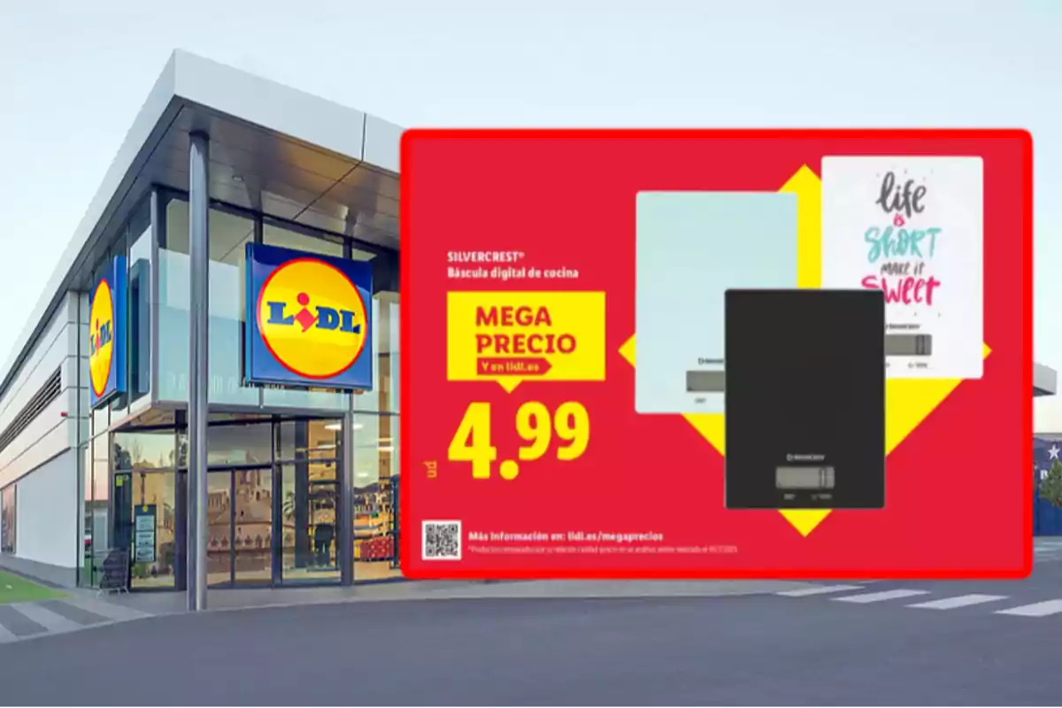 Fachada de una tienda Lidl con un cartel promocional de básculas digitales de cocina Silvercrest a 4,99 euros en oferta.