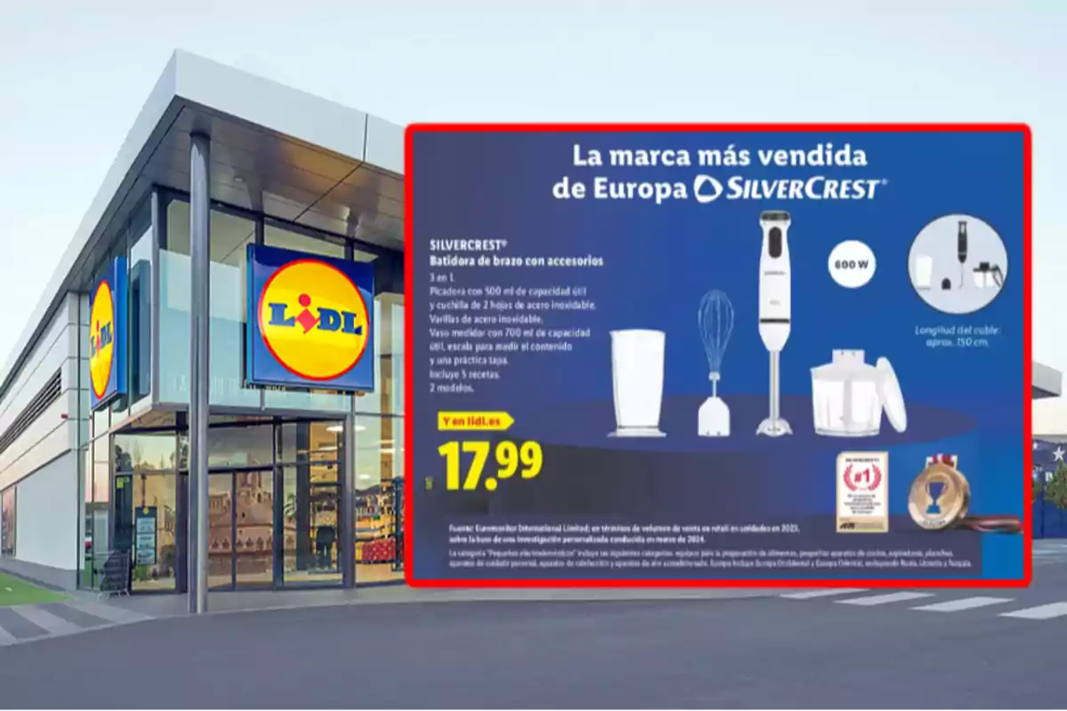 Façana d’una botiga Lidl amb un cartell promocional d’una batedora de mà Silvercrest amb accessoris i preu destacat de 17,99 euros Façana d’una botiga Lidl amb un cartell promocional d’una batedora de mà Silvercrest amb accessoris i preu destacat de 17,99 euros
