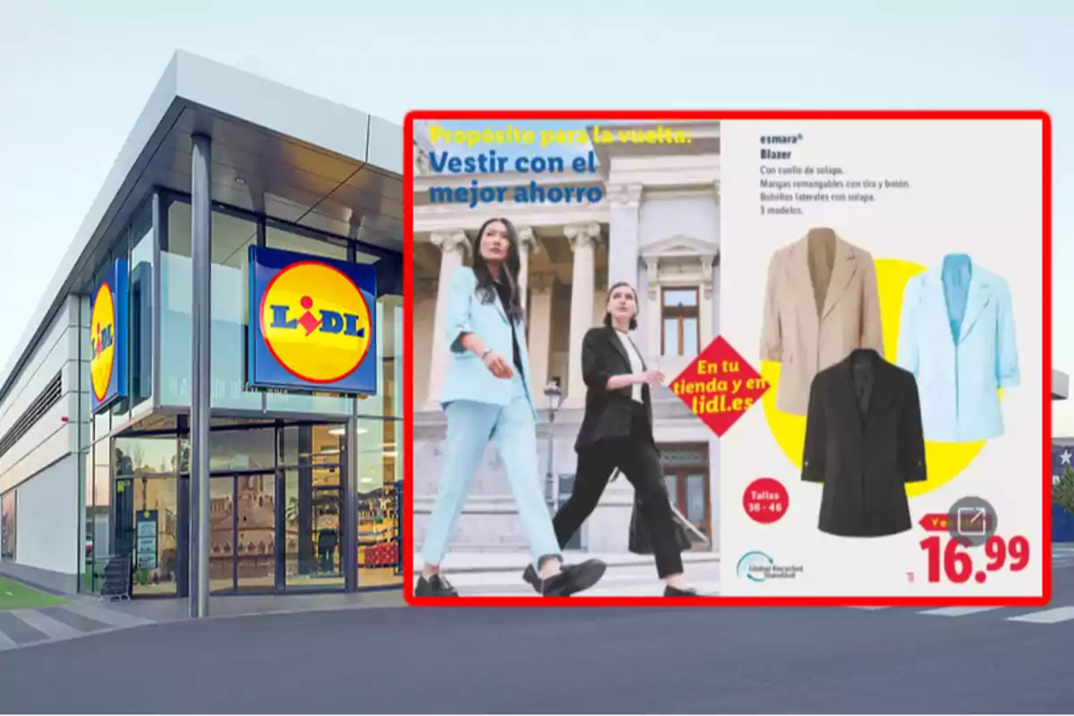 Fachada de una tienda Lidl con un cartel promocional de blazers para mujer en diferentes colores y precio destacado