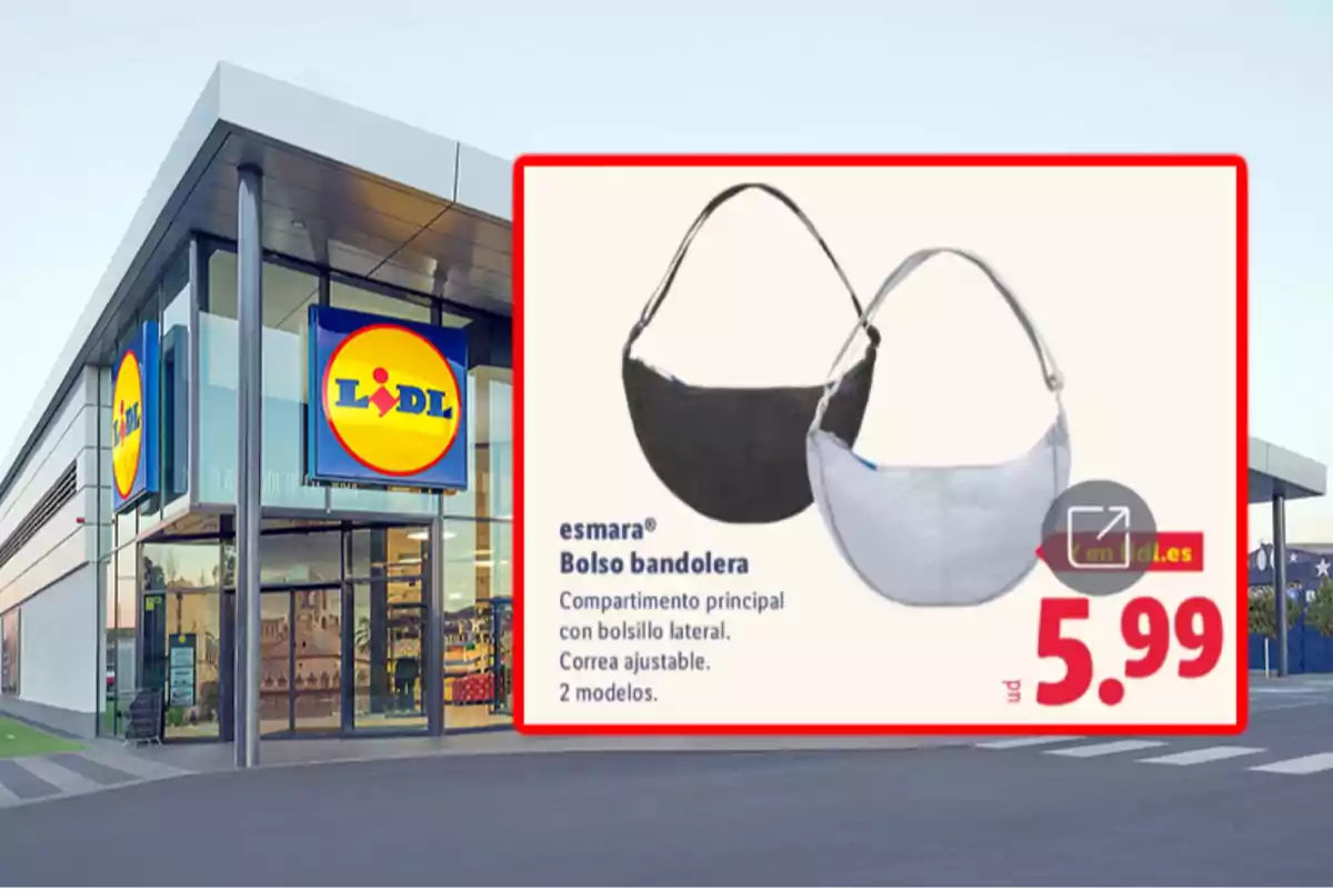 Façana d'una botiga Lidl amb un anunci de bossa bandolera esmara en dos colors diferents a un preu de 5,99 euros