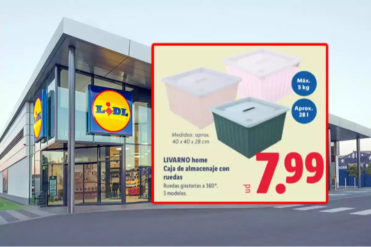 Façana d’una botiga Lidl amb un cartell promocional de caixes d’emmagatzematge amb rodes a un preu de 7,99 euros.