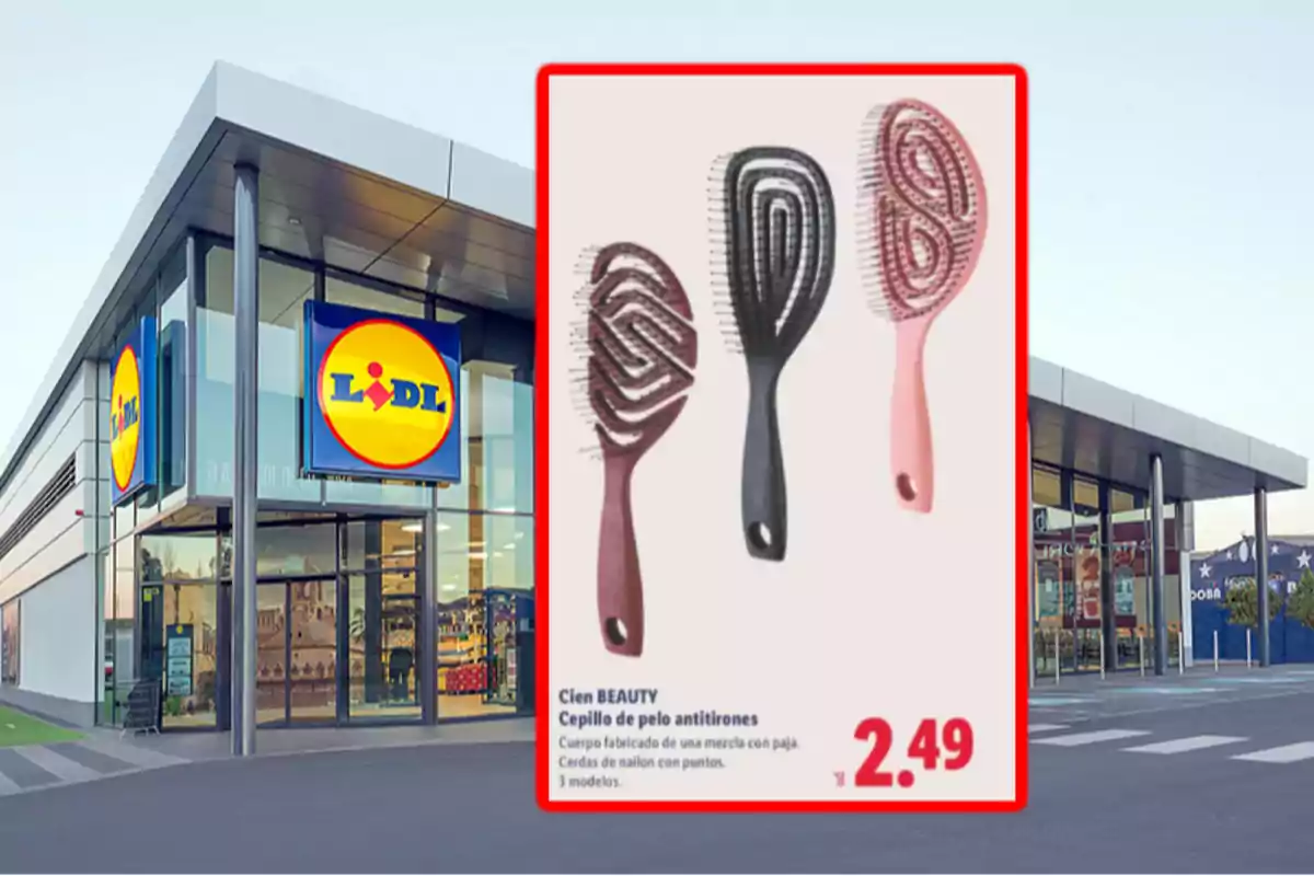 Façana d’un supermercat Lidl amb un anunci de raspalls per als cabells antienredaments en tres colors i preu destacat Façana d’un supermercat Lidl amb un anunci de raspalls per als cabells antienredaments en tres colors i preu destacat