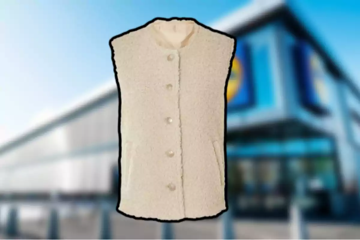 Armilla de borreguet de color beix amb botons grans al davant i butxaques, sobre un fons de botiga desenfocat Armilla de borreguet de color beix amb botons grans al davant i butxaques, sobre un fons de botiga desenfocat