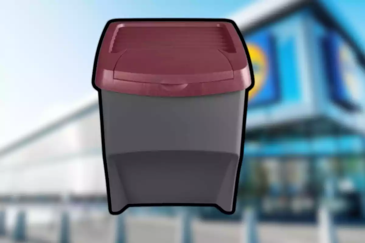 Contenidor de plàstic gris amb tapa vermella davant d’un edifici desenfocat Contenidor de plàstic gris amb tapa vermella davant d’un edifici desenfocat