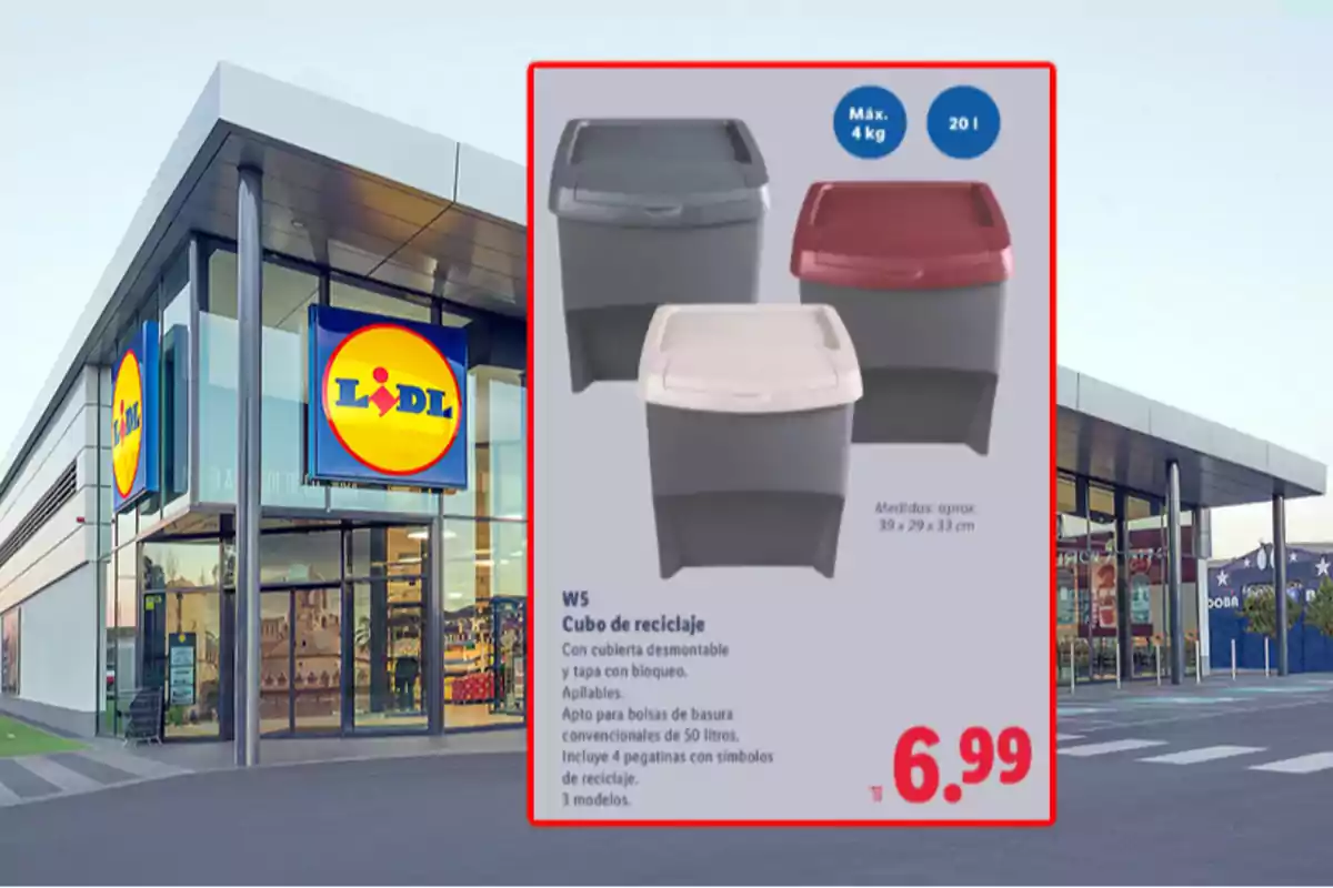 Façana d’una botiga Lidl amb un anunci de cubells de reciclatge apilables en tres colors diferents i preu de 6,99 euros Façana d’una botiga Lidl amb un anunci de cubells de reciclatge apilables en tres colors diferents i preu de 6,99 euros